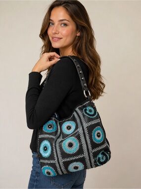 Isabella Fiore Black Shoulder Bag with Teal and Light Blue Crochet Medallions